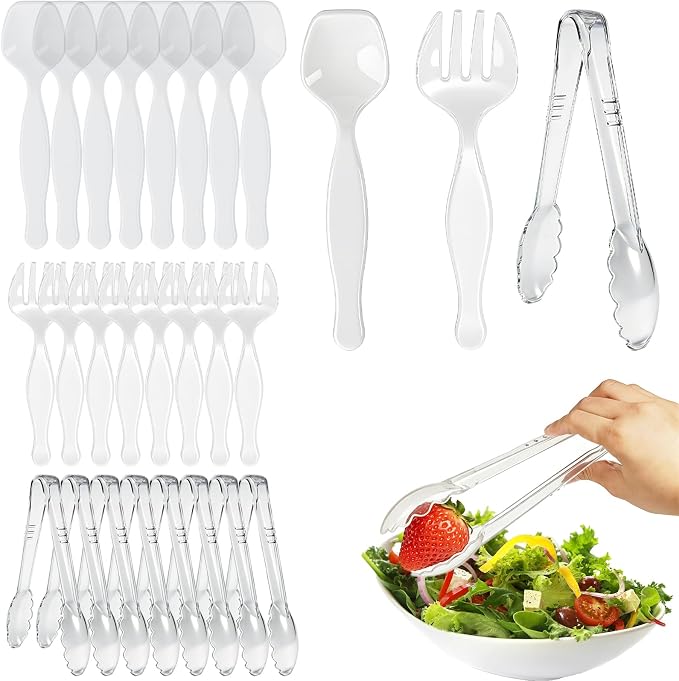 24 Pcs Large Plastic Serving Utensils Set - Serving Tongs, Serving Forks, Serving Spoons - Heavy Duty Disposable Serving Utensils for Parties, Buffet, Catering Supplies (Clear, 24 Pcs)