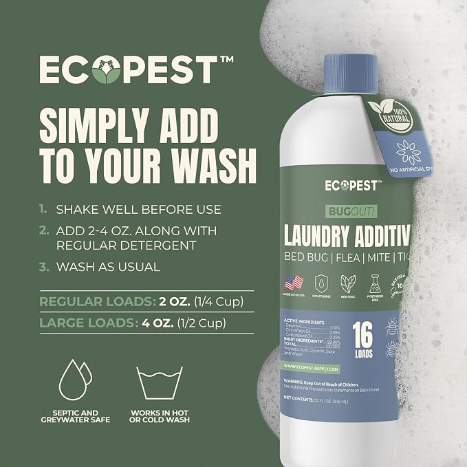 BugOut! Laundry Additive – Natural Detergent Booster for Bed Bug, Mite, Flea, Tick & Carpet Beetle Treatment | Plant-Based Killer, Made with Fabric-Safe Soap | Works in Hot and Cold Wash (32 Oz)