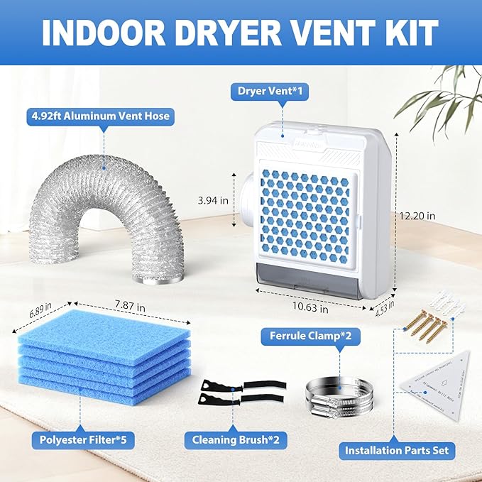 3-in-1 Indoor Dryer Vent Kit, Upgraded Safety Vent Flap, Stainless Steel Screen with 5PCS Polyester Filters and Water Drawer System, Dryer Vent Box for Electric Dryer, White