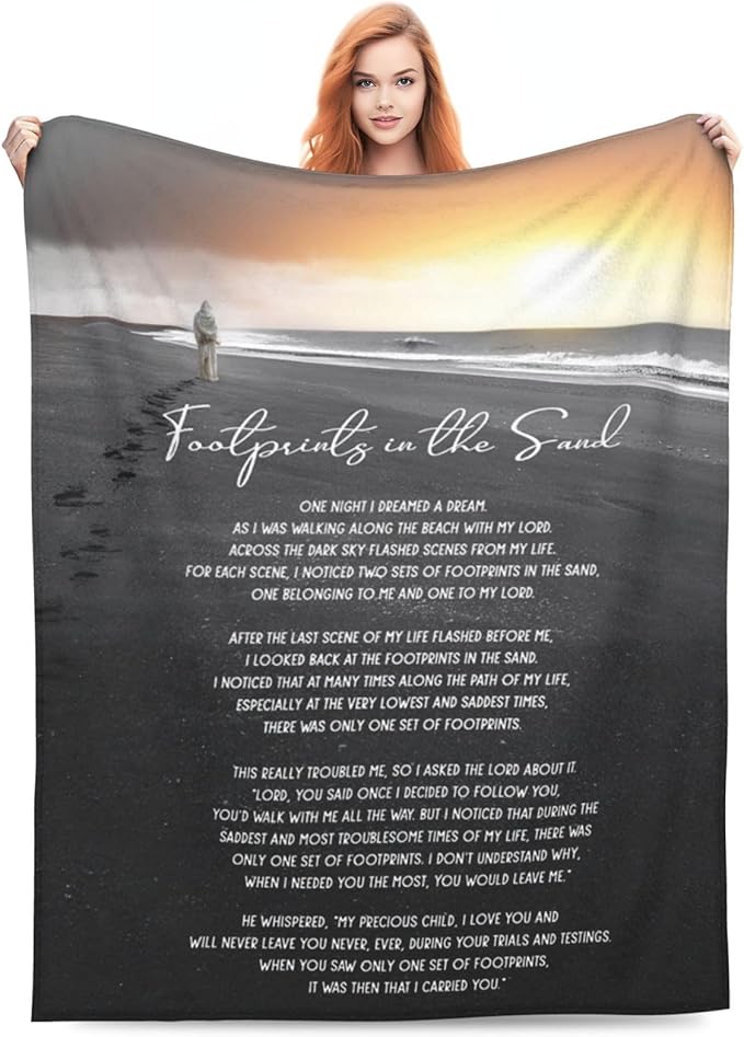 Footprints in The Sand Blanket Christian Gifts Bible Verse Scripture Throw Blanket Comfy Plush Flannel Fleece Warm Soft Fluffy Fuzzy Blanket for Prayer Adults Women Men for Bed Sofa Couch 40"X50"