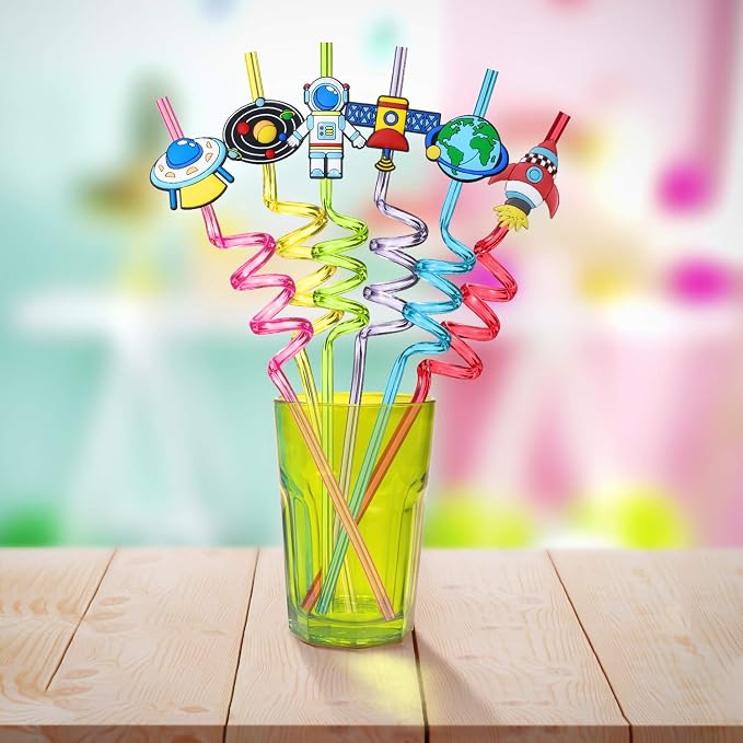 Outer Space Straws Party Favors for Theme Birthday Party Supplies with 2 Cleaning Brush | Solar System Rocket Spaceship Astronaut Satellite Planet Attachments (24+2)