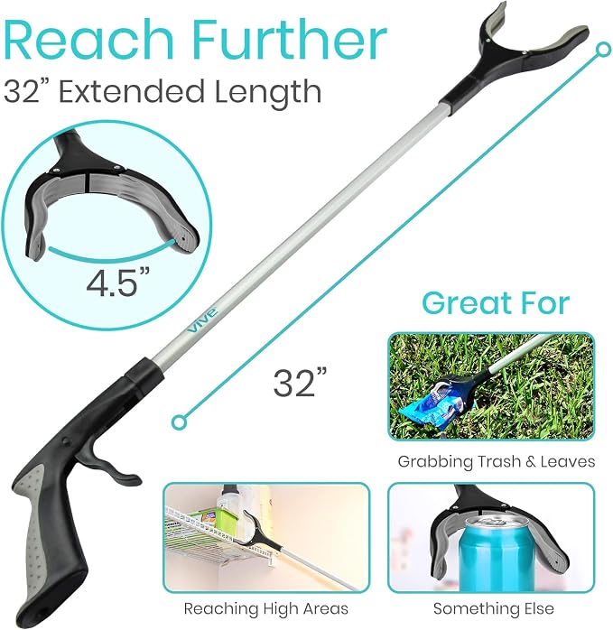 Vive Reacher Grabber Tool - 32" Extra Long Pickup Aid (2 Pack) - Trash Picker Upper, Rotating Hand, Heavy Duty Grip Arm - Reaching Assist for Litter, Elderly, Garden Nabber, Disabled, Handicap Arm