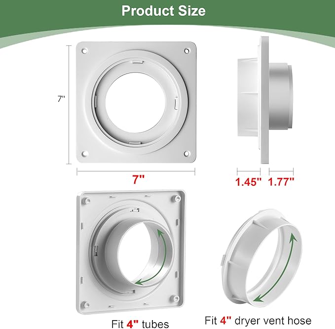 Dryer Vent Wall Plate with Quick Connect & Disconnect, Twist Lock Dryer Vent Connector Kit, 4 Inch Dryer Duct Connector Flange, for Wall Exhaust Vent, Ceiling or Warmhouse Air Circulation