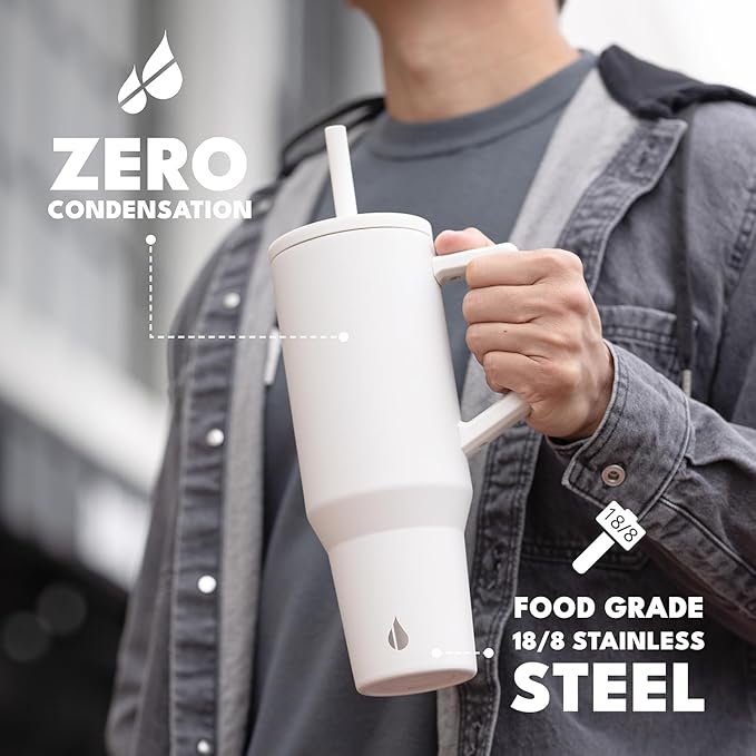 Elemental 40 oz Tumbler with Handle and Straw - Spill Proof Insulated Stainless Steel Commuter for Cold Beverages - Travel Coffee Mug with 2 Straws & Spill Proof Lid - 40oz - White
