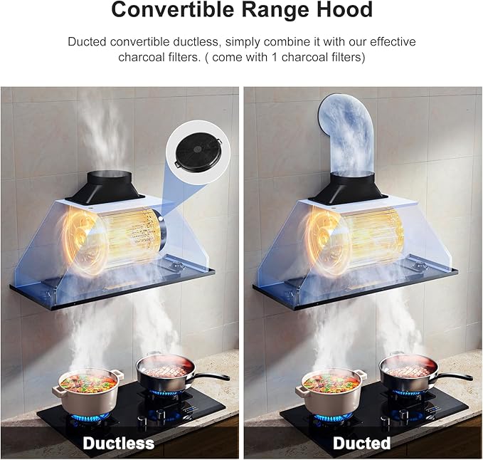 HisoHu Insert Range Hood 30 Inch / 36 Inch, 1200 CFM with Ducted Convertible Ductless(Kit Included), Stainless Stee Kitchen Vent Hood with 4 Speed Exhaust(30'', Black)