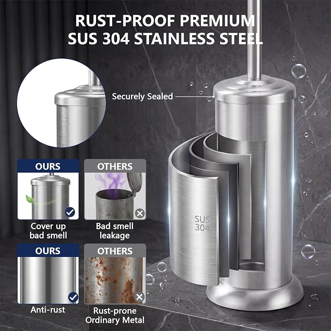 Toilet Brush and Holder Set,304 Stainless Steel Heavy Duty Toilet Brush,Extra Long Handle Toilet Bowl Brush and Holder for Bathroom,Durable,Deep Cleaning,Extra Dense Bristles (Brushed Nickel)
