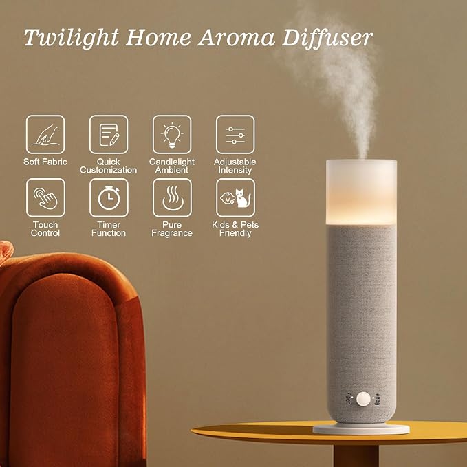 Luxury Scent Air Machine for Hotel Collection Fragrance - 120ml/1000 Sq. Ft Coverage, Waterless Essential Oil Diffuser, Twilight Ambient Light, Manual Controls, Compact Fabric Design for Home, Gray