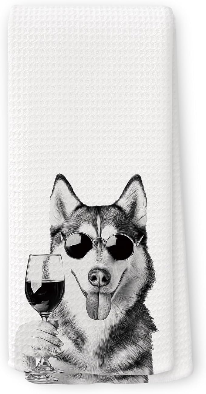 Funny Husky Wine Kitchen Towels, Gifts for Dog Wine Lovers, Bar Accessories Dish Tea Towels for Kitchen, Dog Owners Housewarming Gift Decorative Hand Towel 16x24 Inch