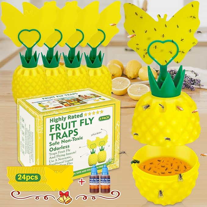 Fruit Fly Trap for Indoors, Effective Fruit Fly Gnat Catcher with Sticker, Gnat Traps for House Indoor with Bait, Reusable Easy-to-Use Fly Trap for Kitchen Home - 4 Pack