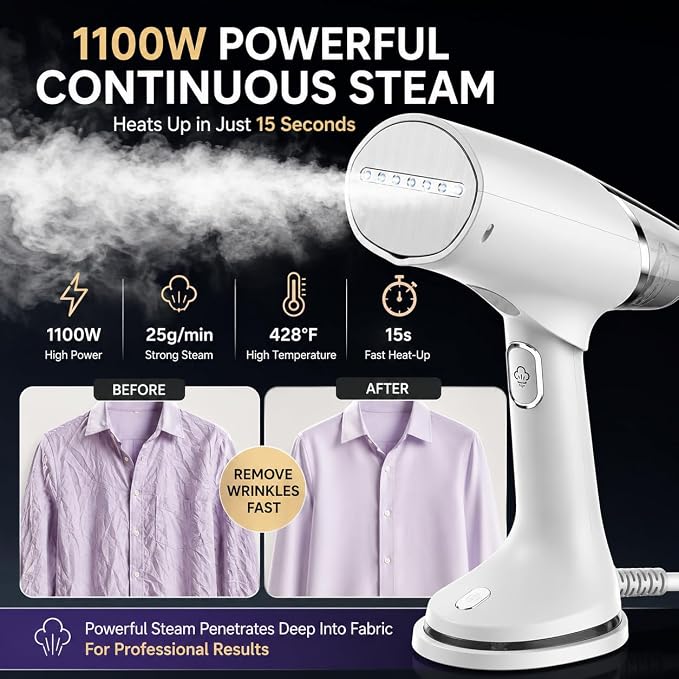 Foldable Handheld Garment Steamer - 1100 Watts of Powerful Steam - Dual Voltage (120-240) Great for worldwide Travel, Comes with Travel Bag (White)