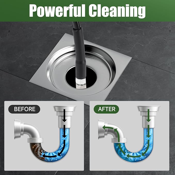 Sewer Jetter Kit for Pressure Washer, 50FT Drain Cleaning Hose with Corner Rotating and Button Nose Nozzles, 1/4" NPT Sewer Jet Nozzle Set with Spanner, Tape, Pins, 5800 PSI
