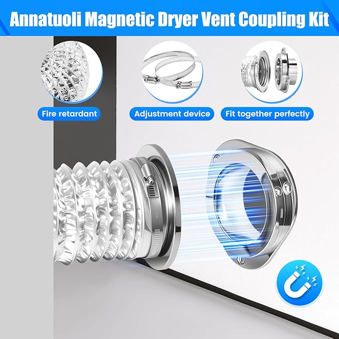 DV180 Magnetic Dryer Vent Kit, Airtight Seal Magntic Drver Vent Connector Kit, Including 6-Ply Aluminum Foil Duct and 2 Clamps, Easy to Clean Quick Connector