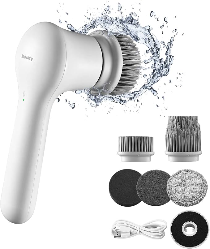 Mecity Electric Spin Scrubber with 5 Replaceable Brush Heads Rechargeable Shower Scrubber Cordless Motorized Scrubber Household Cleaning Brush for Bathtub, Cars, Tile Floor, Kitchen, Window, Wall