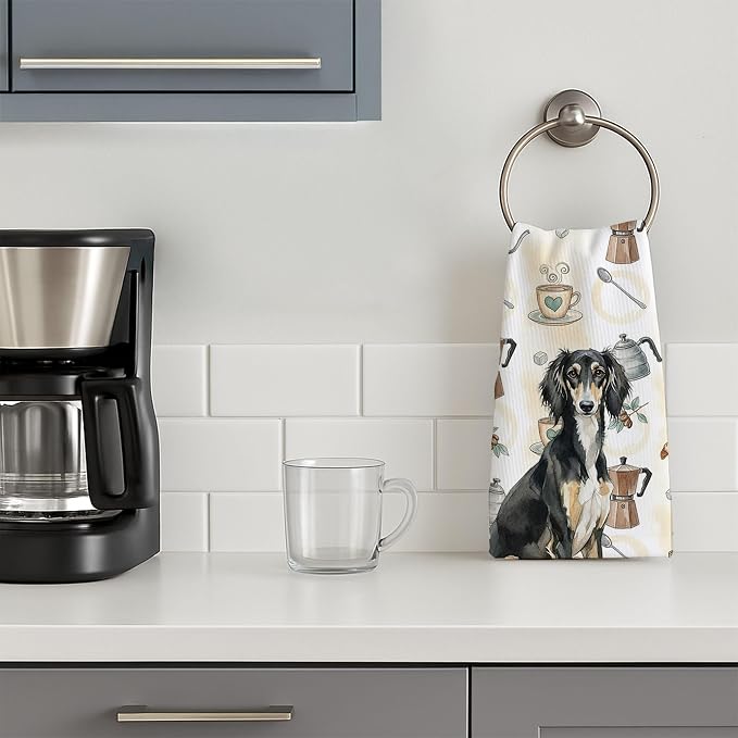 Caroline's Treasures Black and Tan Saluki Coffee Bar Kitchen Towel Velour Plush Front and Cotton Loop Back Machine Washable