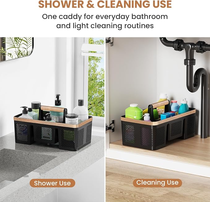 BYUNER Black Shower Caddy Portable: Plastic Bathroom Caddy Organizer with Handle and Holes, Cleaning Caddy, Hard Shower Basket Storage Tote for Toiletry, College Dorm Room Essentials for Men