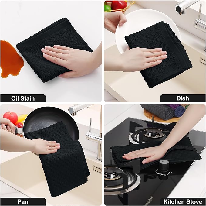 Homaxy 100% Cotton Terry Kitchen Towels(15" x 25", 6 Pack), Soft and Super Absorbent Dish Towels, 380 GSM Reusable Tea Towel with Hanging Loop, Pineapple Grid Designed, Black