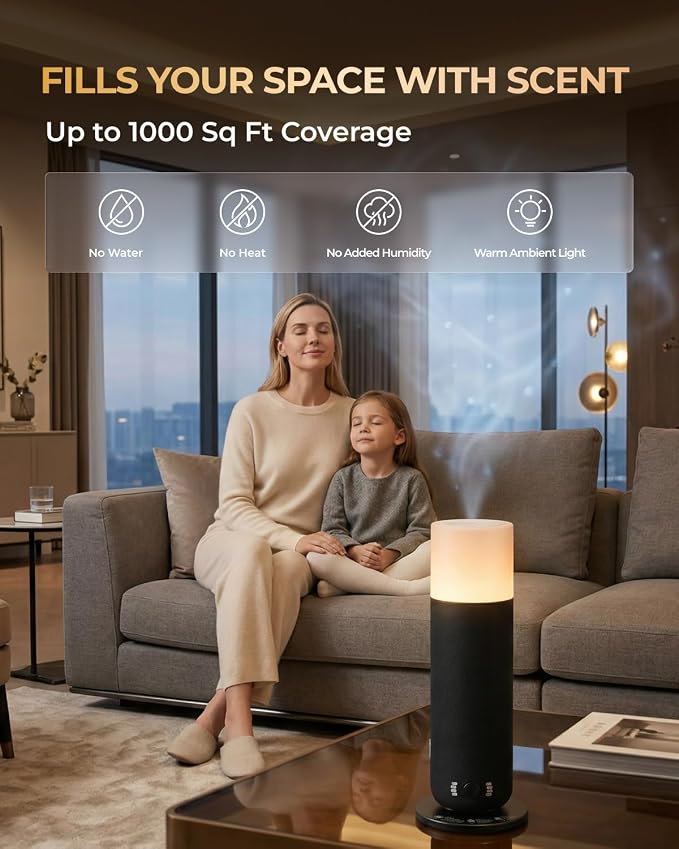 Smart Waterless Scent Diffuser for Modern Homes, App & Manual Dual Control Essential Oil Diffuser, Quiet Fabric-Wrapped Design with Ambient Light, Customizable Scenting, Up to 1000 Sq Ft