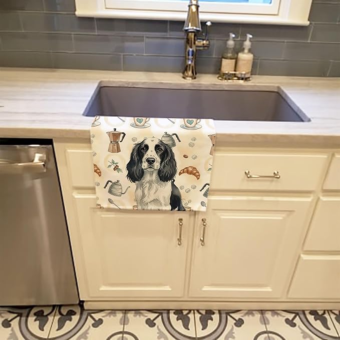 Caroline's Treasures Black and White English Springer Spaniel Coffee Bar Kitchen Towel Velour Plush Front and Cotton Loop Back Machine Washable