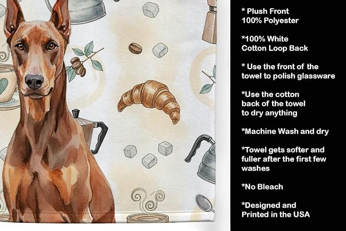 Caroline's Treasures Red Doberman Pinscher Coffee Bar Kitchen Towel Velour Plush Front and Cotton Loop Back Machine Washable