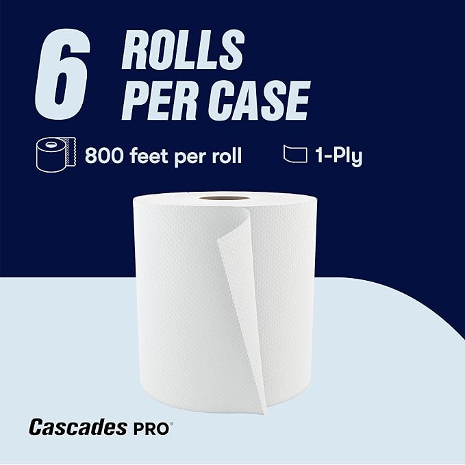 Cascades PRO Select Strong and Absorbent Hand Paper Towels - Suitable for Most Universal Dispensers - Paper Towel Rolls Bulk - 800 Feet/ Roll, 6 Rolls/Pack - H080 - White