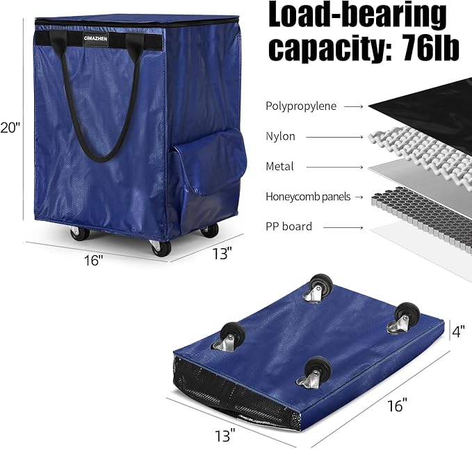 (Medium,Blue) Reusable Grocery Bag on 4 Wheels, 70L Foldable Rolling Tote Bag with 3 Handles and Zipper, Rolling Shopping Cart for Groceries, Storage, Laundry, Travel, Organizer, 76lb