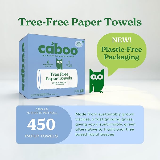 Caboo Tree Free Paper Towels, 6 Rolls, Plastic Free & Eco Friendly, Earth Friendly, Sustainable Kitchen Paper Towels with Strong 2 Ply Sheets