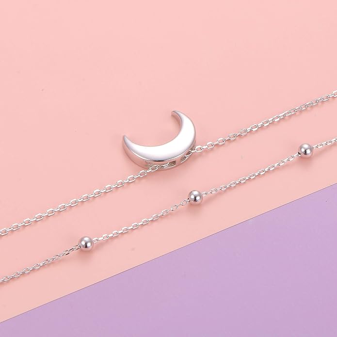 FLYOW Layered Choker Necklace S925 Sterling Silver Star Full Moon Daisy Flower Pendant Disc Jewelry Adjustable Clavicle Necklaces for Women Girls Birthday Gifts