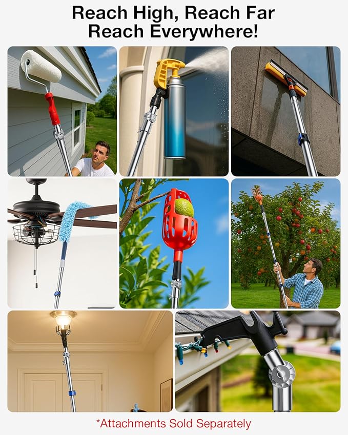 Telescoping Pole, 4-16 Ft with Joint Angle & Squeegee Adaptor, Aluminum Telescopic Paint Roller Extension Pole & Extendable Pole, Anti-Slip Foam Grip, Multi-Purpose Gutter Window Dust Cleaning Pole