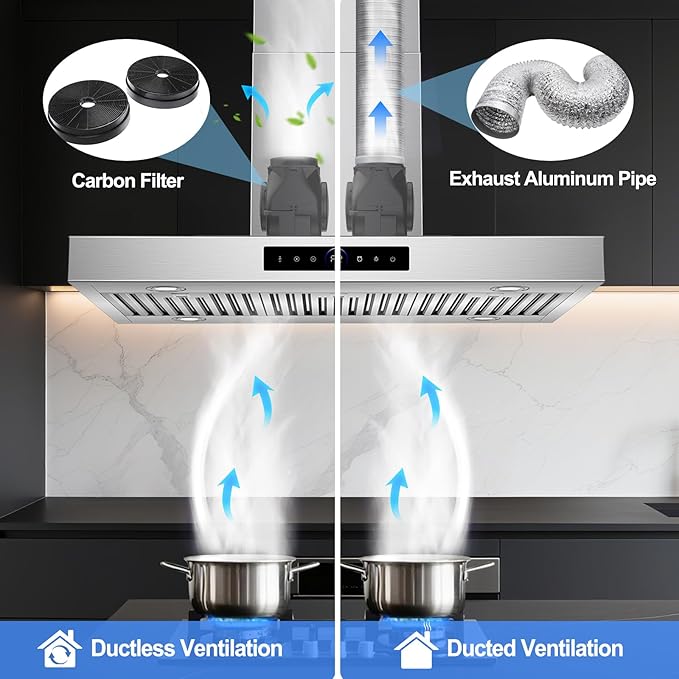 36 inch Island Range Hood Ceiling Mount 1200 CFM with 4-Speed Gesture Sensing & Touch Control, Ducted/Ductless Stainless Steel Kitchen Stove Vent Hoods with 4 LED Lights, Timer,Dishwasher-Safe Filters