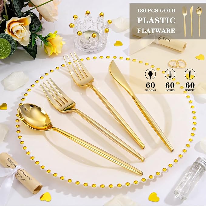 Supernal 180 Pcs Gold Plastic Silverware Set: Heavy Duty Disposable Cutlery for 60 Guests (60 Forks, 60 Spoons, 60 Knives) - Elegant Bulk Plastic Utensils for Weddings, Birthdays, and Party