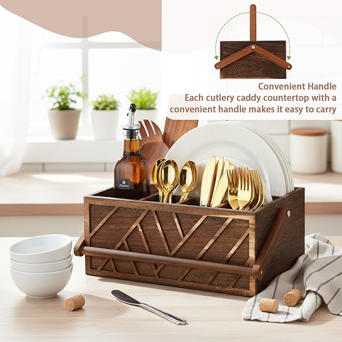 LemonRoad 13 Inch Rustic Silverware Caddy with Handle Wooden Flatware Utensil Holder Paper Plate and Silverware Caddy Organizer Cutlery Holder for Kitchen Countertop Picnic Cups Forks Napkins(Brown)