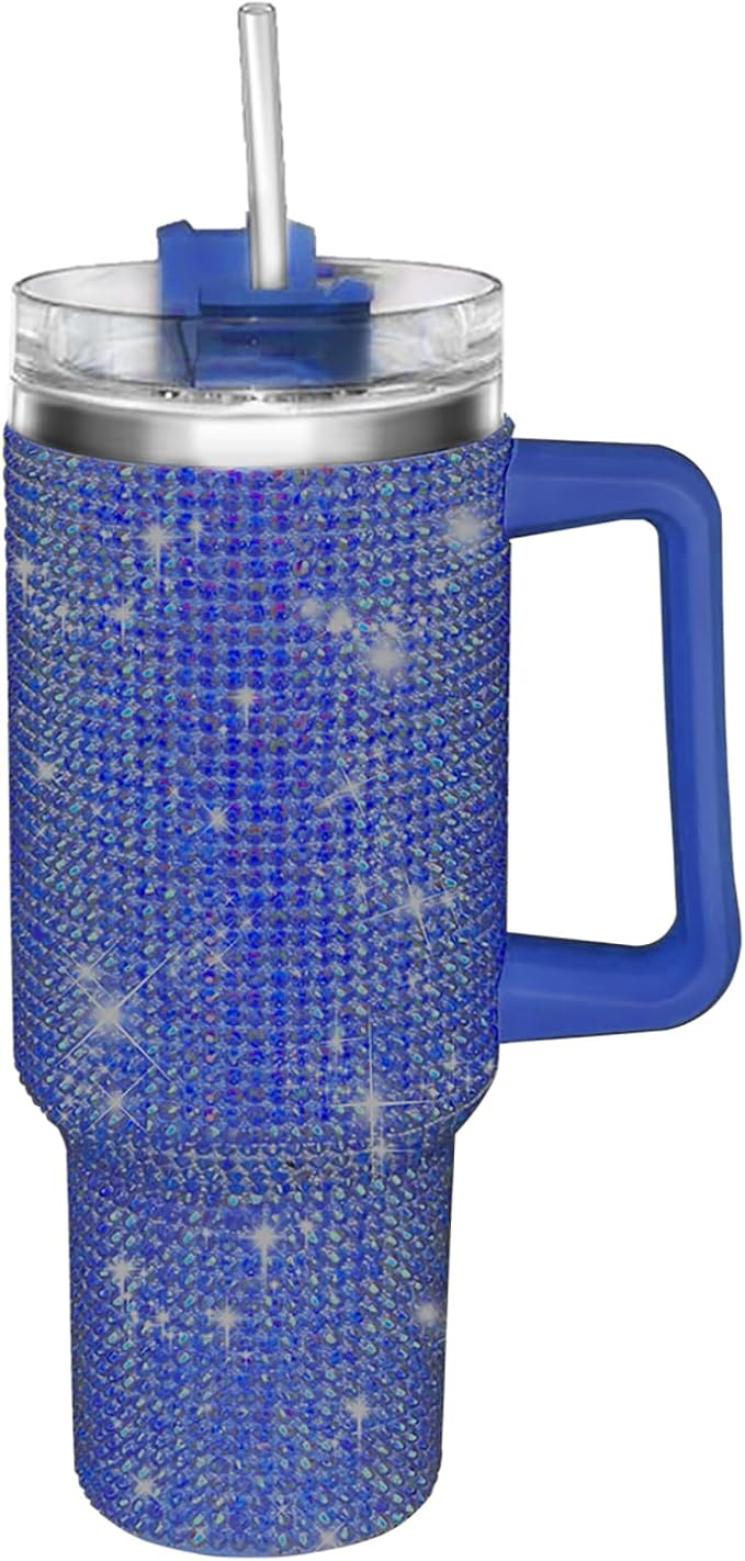 HWISDMIG 40oz Tumbler with Handle-Glitter Rhinestones Tumbler Bling Cups Stainless Steel Water Bottle Diamond Studded Tumbler for Women-Birthday Gifts for Women, Mom, Girlfriend (Pacific)
