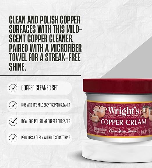 2x Wright's Mild Scent Copper Cleaner 8 oz Cream Bundle with Microfiber Auto Cleaning Cloth – Removes discoloration and restores shine on copper cookware and decor – Gift Set (3 Items)