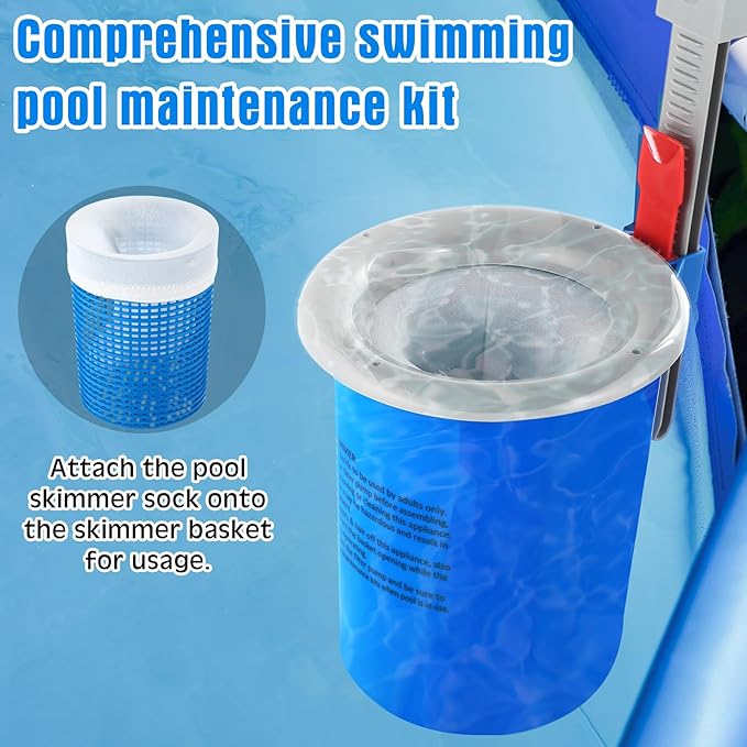 Tujoe Above Ground Pool Skimmer with 30 Socks Cleaning Filter Socks, Adjustable Wall Mount Surface Skimmer, Auto Skim Pool Leaves & Fine Debris Maintenance Kit