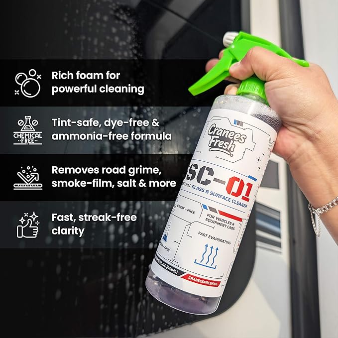 Glass & Surface Cleaner Spray, Streak-Free, Ammonia-Free, Tint Safe, Made in USA Car, Home, Shower Glass, Mirror & Multi-Surface Cleaner with Leak-Resistant Sprayer (16oz)
