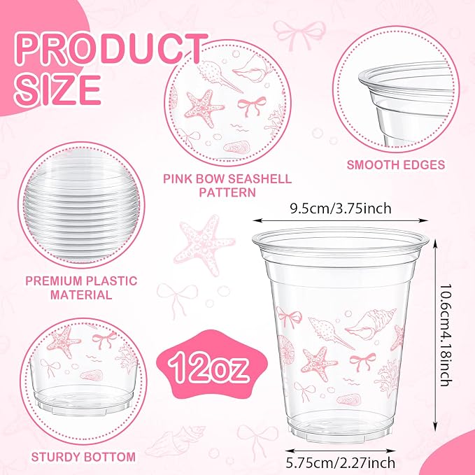 Tanlade 60 Pcs Ocean Party Plastic Cups 12 oz Pink Bow Seashell Starfish Coastal Nautical Sea Theme Disposable Cups for Baby Shower Summer Theme Birthday Wedding Party Supplies Decorations