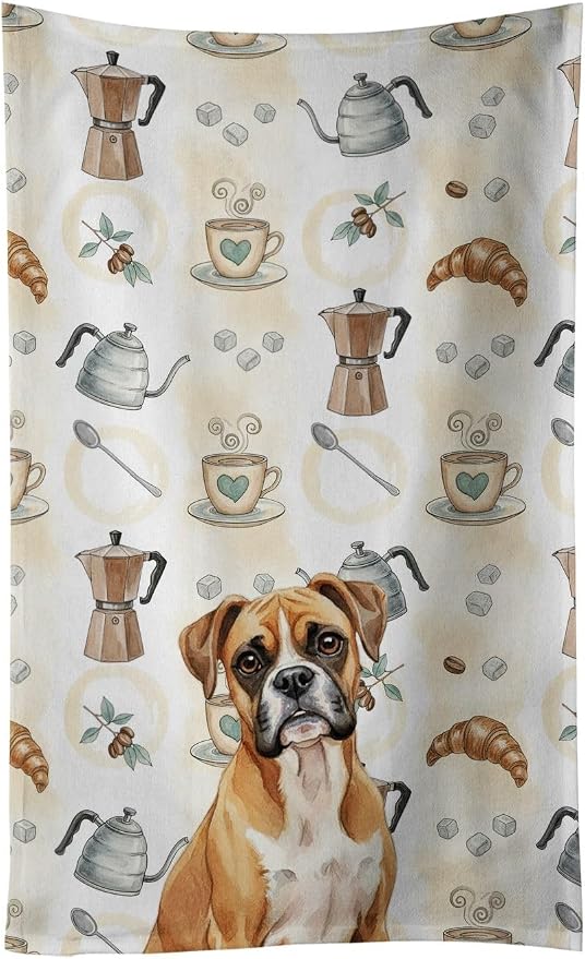 Caroline's Treasures Boxer Coffee Bar Kitchen Towel Velour Plush Front and Cotton Loop Back Machine Washable