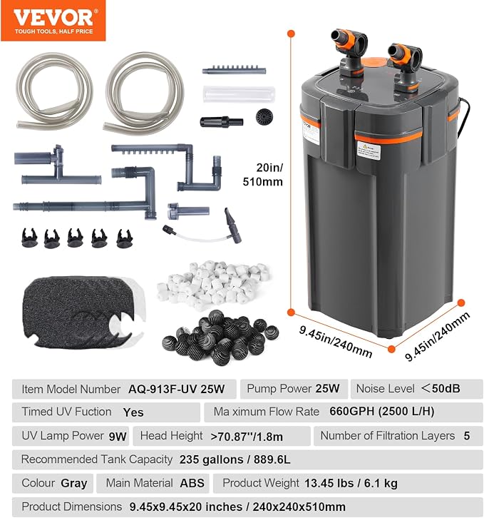 VEVOR Aquarium Filter 528GPH, 5-Stage Canister Filter 200-250 Gallon, Ultra-Quiet Internal Aquarium Filter with UV Protection, Submersible Power Filter with Multiple Function for Fish Tanks, 25W