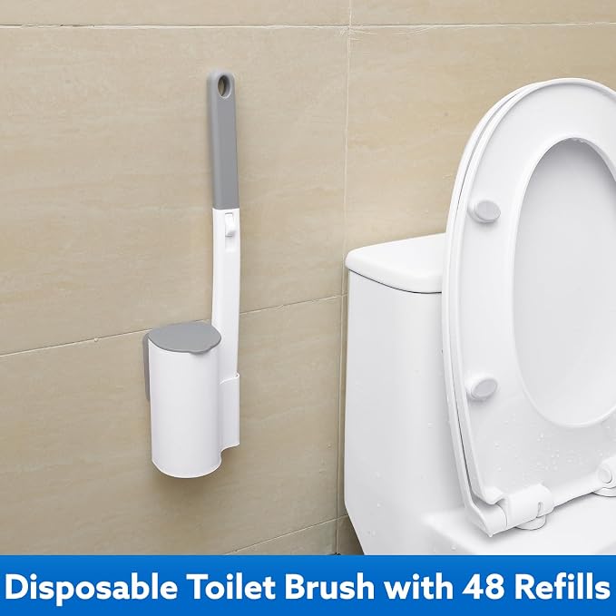 wlich Disposable Toilet Brush with 48 Refills, Bowl Toilet Brush with Wall Mounted Holder, Toilet Bowl Brush Set with Wand and Storage Box for Bathroom Cleaning