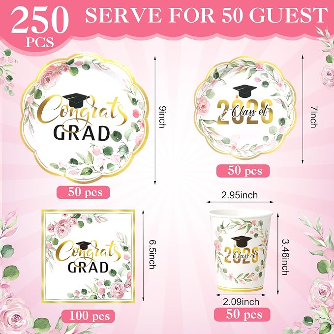 Pickmesh 250 Pcs Class of 2026 Graduation Party Supplies for 50, Pink and Gold Floral Congrats Grad Paper Plates Napkins Cups Disposable Graduation Party Tableware Set for Grad Table Decoration