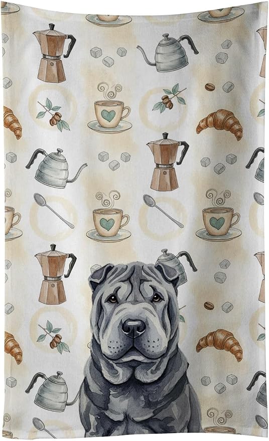 Caroline's Treasures Black Shar Pei Coffee Bar Kitchen Towel Velour Plush Front and Cotton Loop Back Machine Washable