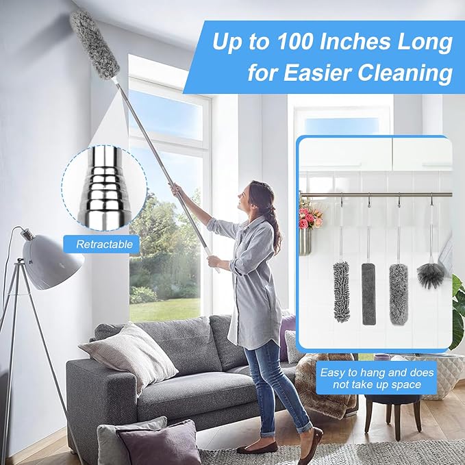 Duster for Cleaning 5-in-1 Kit, 100 Inches Duster with Extension Pole, Extendable Duster, Microfiber Feather Duster, Cobweb Dusters for High Ceilings, Furniture, Blinds, Wall- Grey