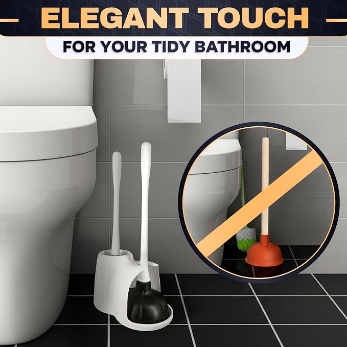 2 in 1 Toilet Plunger and Brush Set White - Toilet Brush and Plunger Set White with Stiff Bristles, Strong Vacuum Suction and Holder - Space-Saving Stand, Fits Most Standard Toilets, 9.3×6.3×15.2 inch