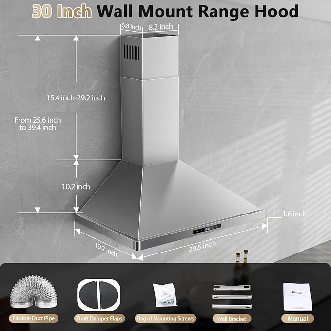 Wall Mount Kitchen Hood 30 inch, Ducted/Ductless Range Hood with Delayed Shutdown Function, 700CFM, 3 Speed Fan, Energy-saving LED Lights, Soft Touch Control, Stainless Steel Grease Filters