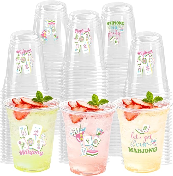 100 Pcs 12oz Mahjong Plastic Cups for Parties, Disposable Clear Themed Birthday Decorations Game Night Supplies Gifts for Mah Jong Lovers