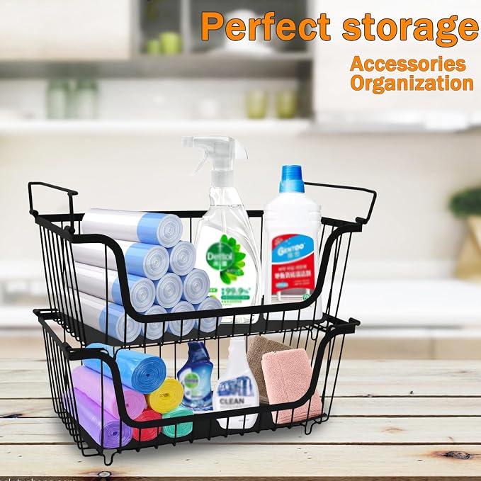 2 Pack Cleaning Supply Caddy and Trash Bag Holder Stand Set,Stackable Wire Storage Baskets,Under Sink Organizer,Cleaning Products Storage Organizer with Handles for Bathroom, Bedroom,Kitchen