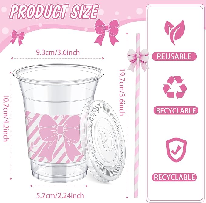 Maxdot 50 Pcs 16 oz Coquette Pink Bow Plastic Cups with Lids and Straws Pink Bowknot Disposable Drinkware for Party Supplies Baby Shower Birthday Bachelorette Wedding Bridal Party Supplies