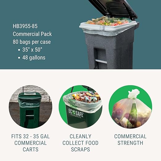 EcoSafe-6400 HB3955-85 Certified Compostable Bag - 39x55” Green Bags for 48 Gallon Bin - Extra Strong Leak, Puncture and Tear Resistant Food Scraps Bin Liners, Pack of 80