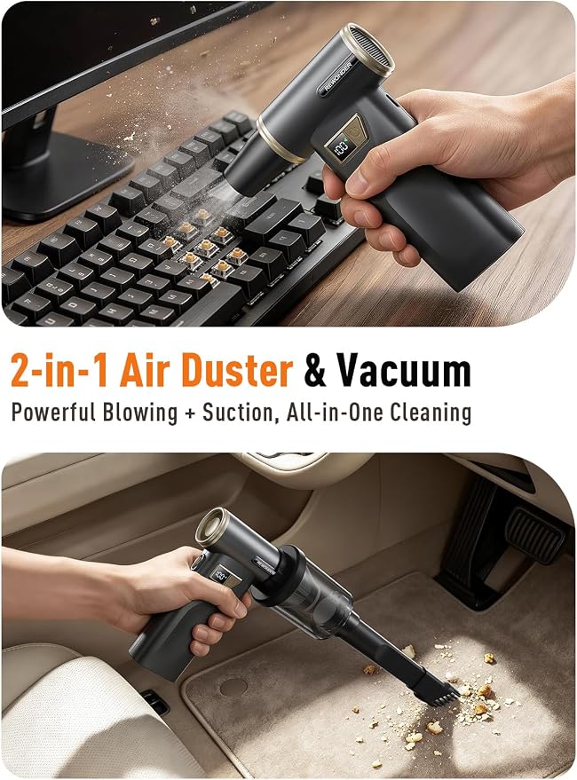 Electric Air Duster and Vacuum 2-in-1, Cordless Rechargeable Air Duster with 130000RPM Brushless Motor, 100-Gear Adjustable, LED Display, Portable Air Duster for PC Keyboard Car Home Outdoor Cleaning