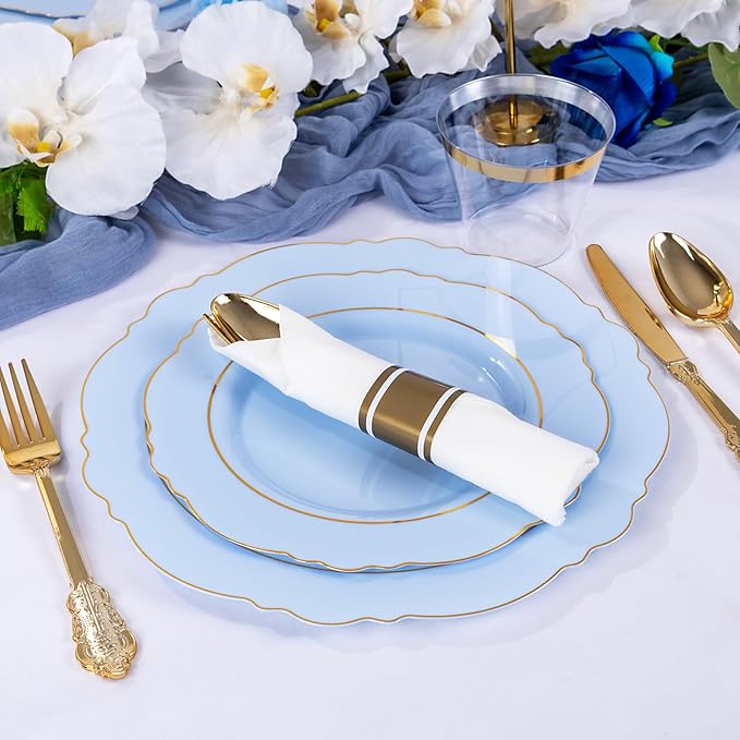 Liacere 350PCS Blue Plastic Plates - Disposable Blue and Gold Plates 50guest Baroque Plastic Dinnerware include 100Plates, 50Pack Pre Rolled Napkins with Silverware 50Cups for Wedding&Party